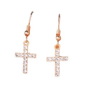 Gold and Rhinestone Religious Cross Style Drop Earrings